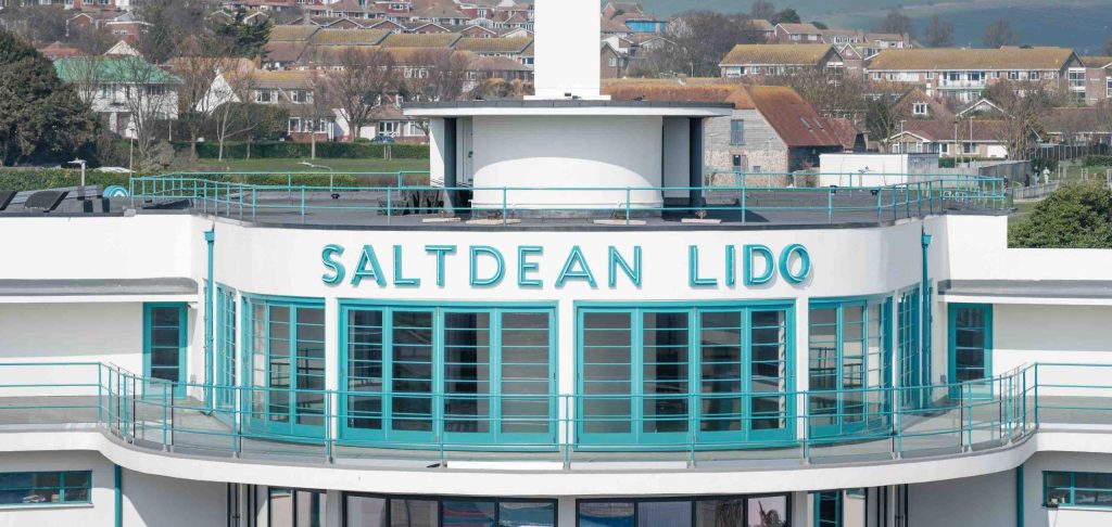 An exterior shot of Saltdean Lido, showing the refurbushed structure